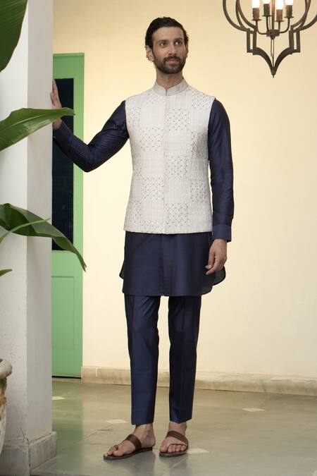 Shop Gargee Designers Blue Cotton, Silk Embroidery Solid Kurta Set With Floral Bundi Online at Aza Fashions Shop_Gargee Designers_Blue Cotton, Silk Embroidery Solid Kurta Set With Floral Bundi _Online_at_Aza_Fashions