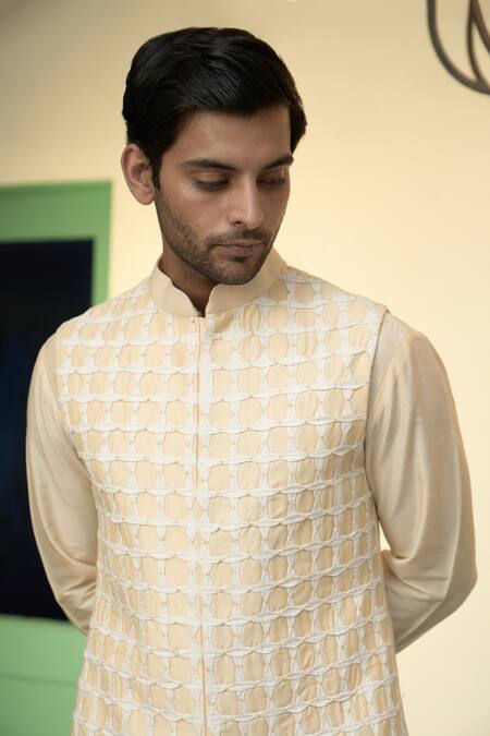 Shop_Gargee Designers_Beige Cotton, Silk Embroidery Floral Pattern Bundi Kurta Set _Online_at_Aza_Fashions