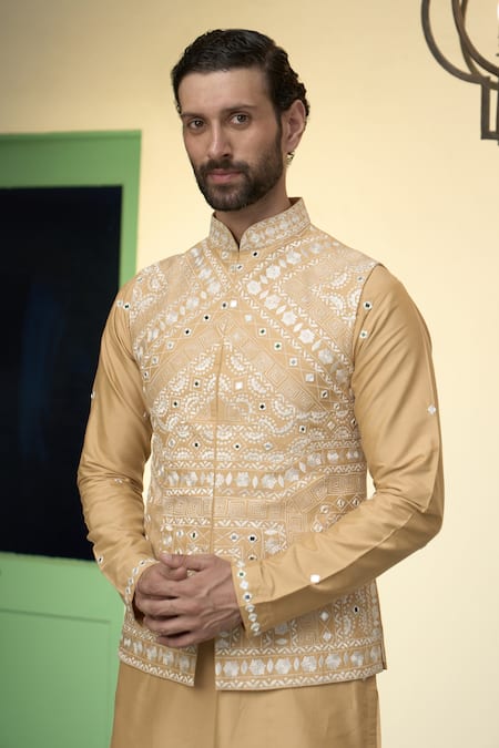 Gargee Designers Yellow Cotton, Silk Embroidery, Mirrors Thread Mustard Bundi Kurta Set at Aza Fashions Gargee Designers_Yellow Cotton, Silk Embroidery, Mirrors Thread Mustard Bundi Kurta Set _at_Aza_Fashions