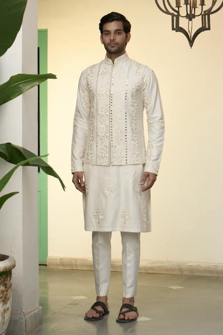 Gargee Designers_Ivory Cotton, Silk Embroidery, Mirrors Floral Vine Bundi Kurta Set _Online_at_Aza_Fashions