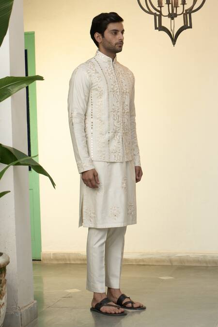 Shop_Gargee Designers_Ivory Cotton, Silk Embroidery, Mirrors Floral Vine Bundi Kurta Set _Online_at_Aza_Fashions