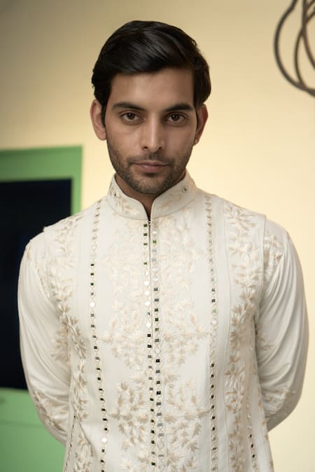 Gargee Designers_Ivory Cotton, Silk Embroidery, Mirrors Floral Vine Bundi Kurta Set _at_Aza_Fashions