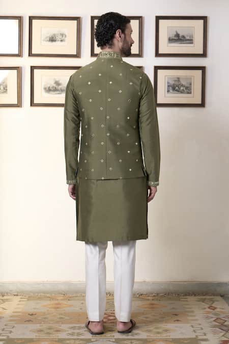 Gargee Designers Mirrorwork Embellished Olive Bundi Kurta Set 