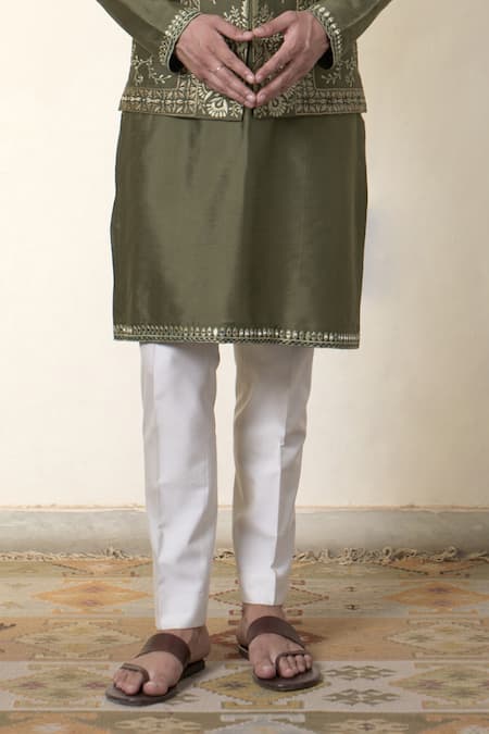 Gargee Designers Green Cotton, Silk Embroidery, Mirrors Embellished Olive Bundi Kurta Set Online at Aza Fashions Gargee Designers_Green Cotton, Silk Embroidery, Mirrors Embellished Olive Bundi Kurta Set _Online_at_Aza_Fashions