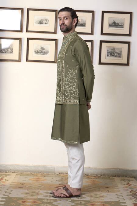 Shop Gargee Designers Green Cotton, Silk Embroidery, Mirrors Embellished Olive Bundi Kurta Set Online at Aza Fashions Shop_Gargee Designers_Green Cotton, Silk Embroidery, Mirrors Embellished Olive Bundi Kurta Set _Online_at_Aza_Fashions