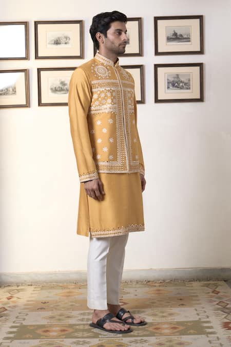 Buy Gargee Designers Yellow Cotton, Silk Embroidery, Mirrors Mustard Blossom Bundi Kurta Set Online at Aza Fashions Buy_Gargee Designers_Yellow Cotton, Silk Embroidery, Mirrors Mustard Blossom Bundi Kurta Set _Online_at_Aza_Fashions