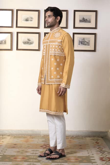 Shop Gargee Designers Yellow Cotton, Silk Embroidery, Mirrors Mustard Blossom Bundi Kurta Set Online at Aza Fashions Shop_Gargee Designers_Yellow Cotton, Silk Embroidery, Mirrors Mustard Blossom Bundi Kurta Set _Online_at_Aza_Fashions