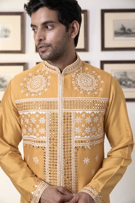 Gargee Designers Yellow Cotton, Silk Embroidery, Mirrors Mustard Blossom Bundi Kurta Set at Aza Fashions Gargee Designers_Yellow Cotton, Silk Embroidery, Mirrors Mustard Blossom Bundi Kurta Set _at_Aza_Fashions