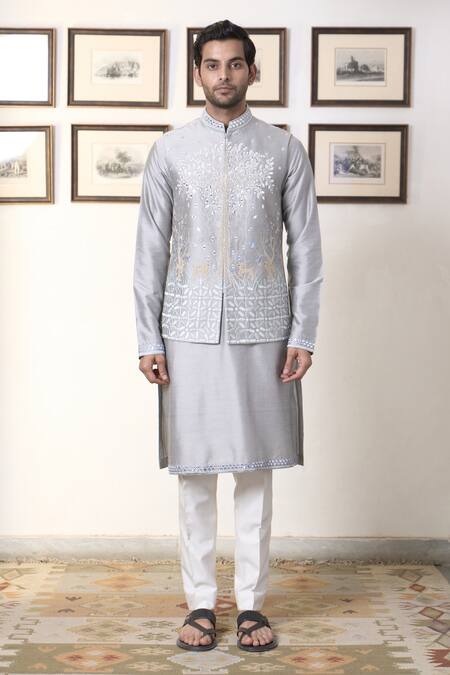 Gargee Designers Gray Cotton, Silk Embroidery, Mirrors Grey Blue Bundi Kurta Set Online at Aza Fashions Gargee Designers_Gray Cotton, Silk Embroidery, Mirrors Grey Blue Bundi Kurta Set _Online_at_Aza_Fashions