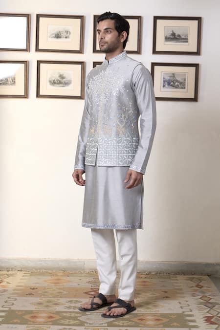 Shop Gargee Designers Gray Cotton, Silk Embroidery, Mirrors Grey Blue Bundi Kurta Set Online at Aza Fashions Shop_Gargee Designers_Gray Cotton, Silk Embroidery, Mirrors Grey Blue Bundi Kurta Set _Online_at_Aza_Fashions