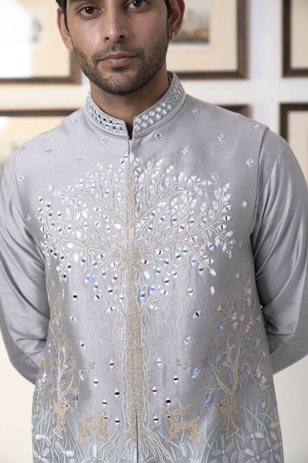 Gargee Designers Gray Cotton, Silk Embroidery, Mirrors Grey Blue Bundi Kurta Set at Aza Fashions Gargee Designers_Gray Cotton, Silk Embroidery, Mirrors Grey Blue Bundi Kurta Set _at_Aza_Fashions