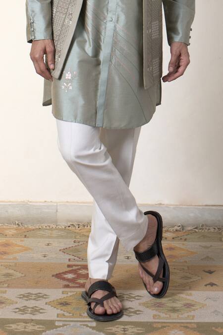 Gargee Designers_Green Polyester Sequins, Embroidery Mosaic Long Open Bundi Kurta Set _Online_at_Aza_Fashions