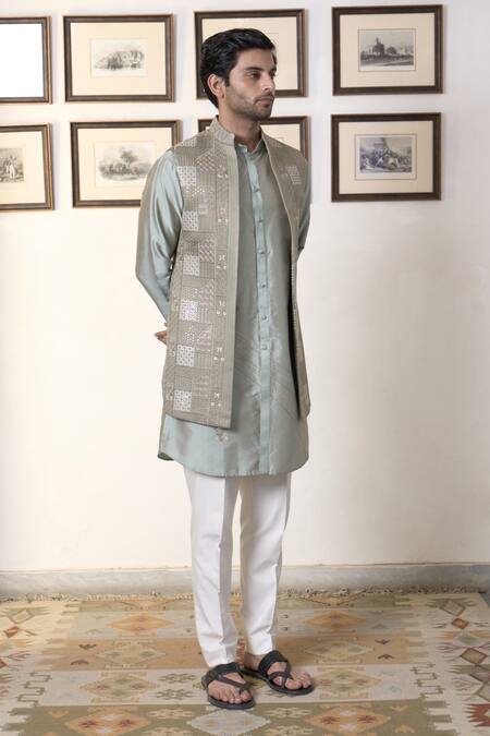 Buy_Gargee Designers_Green Polyester Sequins, Embroidery Mosaic Long Open Bundi Kurta Set _Online_at_Aza_Fashions