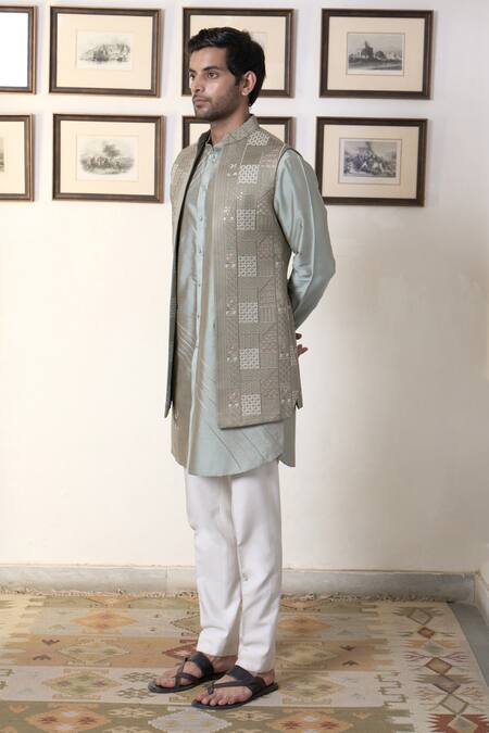 Shop_Gargee Designers_Green Polyester Sequins, Embroidery Mosaic Long Open Bundi Kurta Set _Online_at_Aza_Fashions