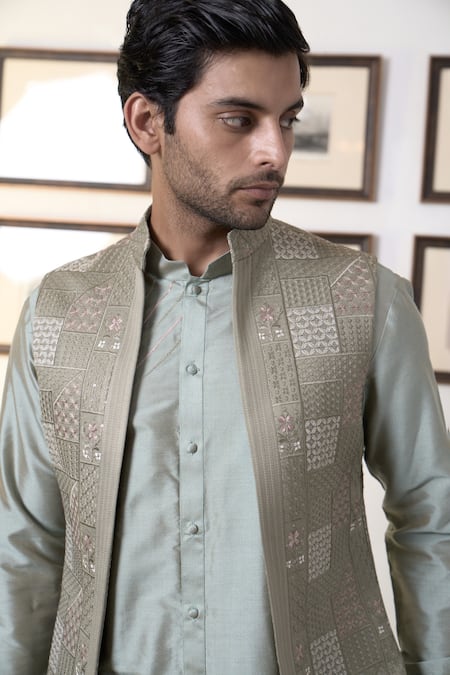 Gargee Designers_Green Polyester Sequins, Embroidery Mosaic Long Open Bundi Kurta Set _at_Aza_Fashions