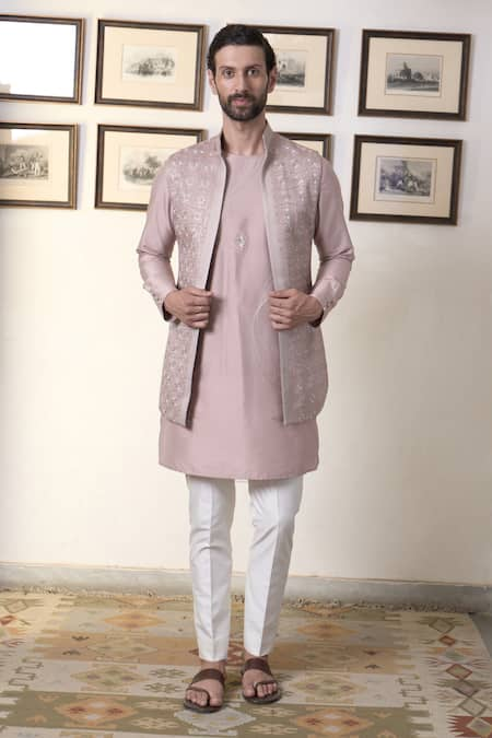 Gargee Designers Pink Poly Silk Embroidered Thread Kalva Paarth Long Open Bundi Kurta Set 