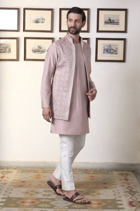 Gargee Designers_Pink Polyester Sequins, Embroidery Thread Long Open Bundi Set _Online_at_Aza_Fashions