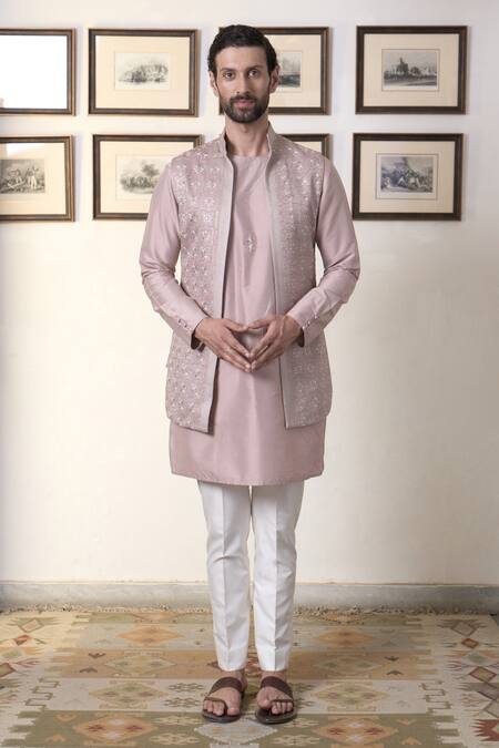 Buy_Gargee Designers_Pink Polyester Sequins, Embroidery Thread Long Open Bundi Set _Online_at_Aza_Fashions