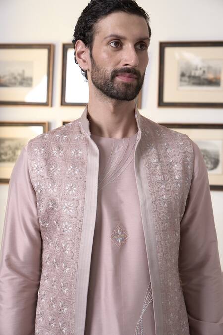 Gargee Designers_Pink Polyester Sequins, Embroidery Thread Long Open Bundi Set _at_Aza_Fashions