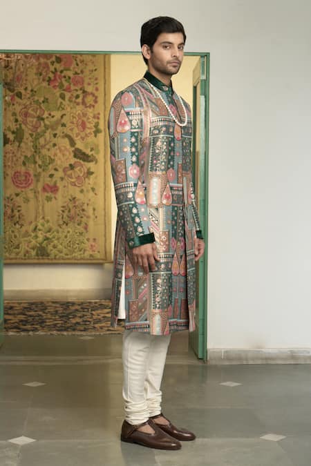 Gargee Designers Panna Gulfam Mosaic Pattern Sherwani Churidar Set 