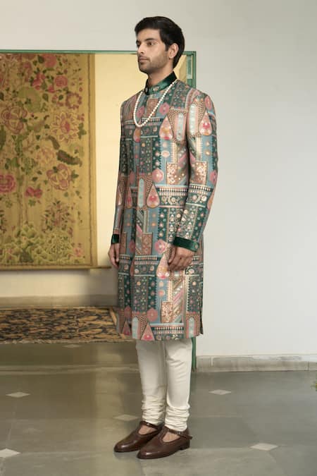 Gargee Designers_Emerald Green Polyester, Panna Gulfam Mosaic Pattern Sherwani Churidar Set _Online_at_Aza_Fashions