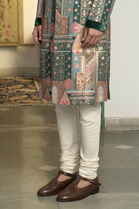 Buy_Gargee Designers_Emerald Green Polyester, Panna Gulfam Mosaic Pattern Sherwani Churidar Set _Online_at_Aza_Fashions