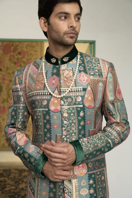 Shop_Gargee Designers_Emerald Green Polyester, Panna Gulfam Mosaic Pattern Sherwani Churidar Set _Online_at_Aza_Fashions