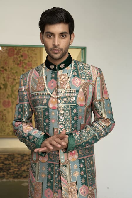 Gargee Designers_Emerald Green Polyester, Panna Gulfam Mosaic Pattern Sherwani Churidar Set _at_Aza_Fashions