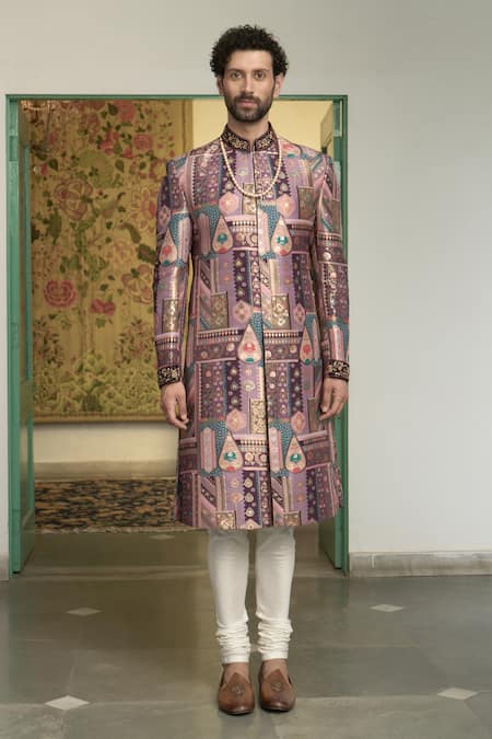 Gargee Designers_Pink Polyester, Cotton Manika Dilruba Floral Pattern Sherwani Churidar Set _Online_at_Aza_Fashions