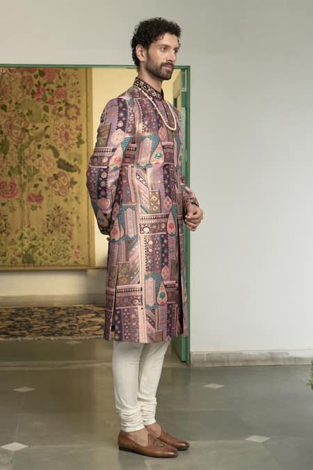 Shop_Gargee Designers_Pink Polyester, Cotton Manika Dilruba Floral Pattern Sherwani Churidar Set _Online_at_Aza_Fashions