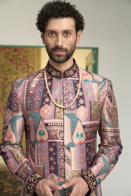 Gargee Designers_Pink Polyester, Cotton Manika Dilruba Floral Pattern Sherwani Churidar Set _at_Aza_Fashions