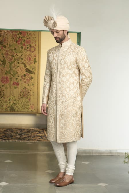 Buy Gargee Designers Beige Silk, Cotton Embroidery Badami Kundan Kashmiri Sherwani Churidar Set Online at Aza Fashions Buy_Gargee Designers_Beige Silk, Cotton Embroidery Badami Kundan Kashmiri Sherwani Churidar Set _Online_at_Aza_Fashions