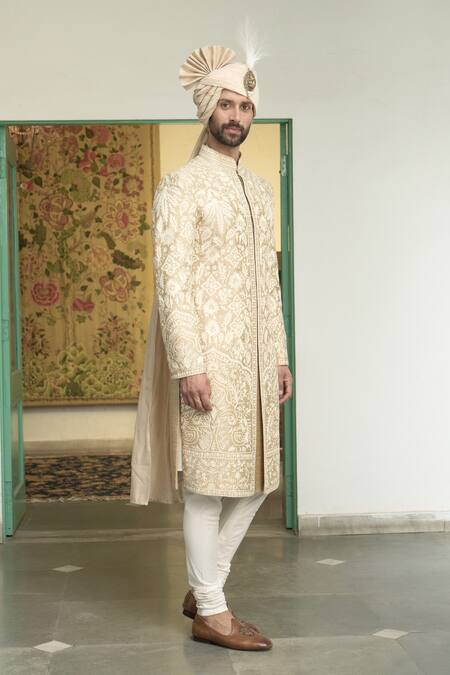 Shop Gargee Designers Beige Silk, Cotton Embroidery Badami Kundan Kashmiri Sherwani Churidar Set Online at Aza Fashions Shop_Gargee Designers_Beige Silk, Cotton Embroidery Badami Kundan Kashmiri Sherwani Churidar Set _Online_at_Aza_Fashions