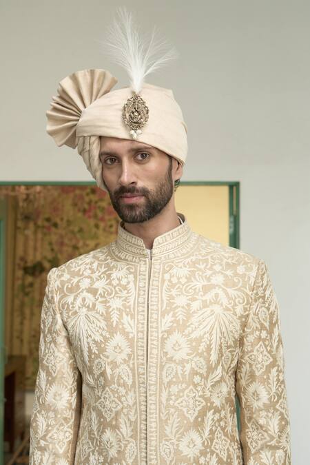 Gargee Designers Beige Silk, Cotton Embroidery Badami Kundan Kashmiri Sherwani Churidar Set at Aza Fashions Gargee Designers_Beige Silk, Cotton Embroidery Badami Kundan Kashmiri Sherwani Churidar Set _at_Aza_Fashions