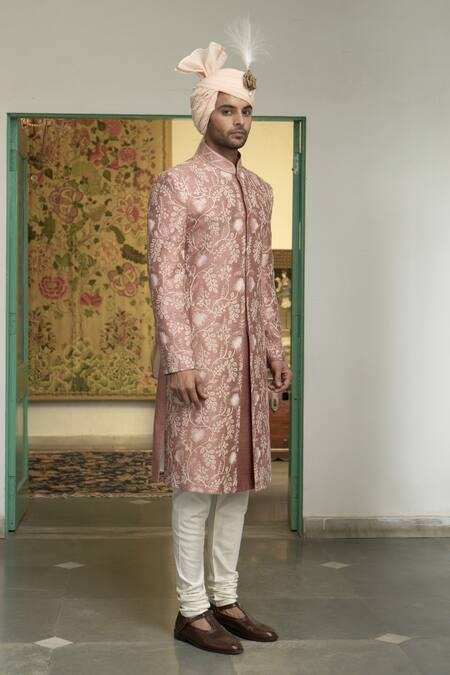 Shop Gargee Designers Pink Silk, Cotton Embroidery Khubani Nooran Thread Sherwani Churidar Set Online at Aza Fashions Shop_Gargee Designers_Pink Silk, Cotton Embroidery Khubani Nooran Thread Sherwani Churidar Set _Online_at_Aza_Fashions