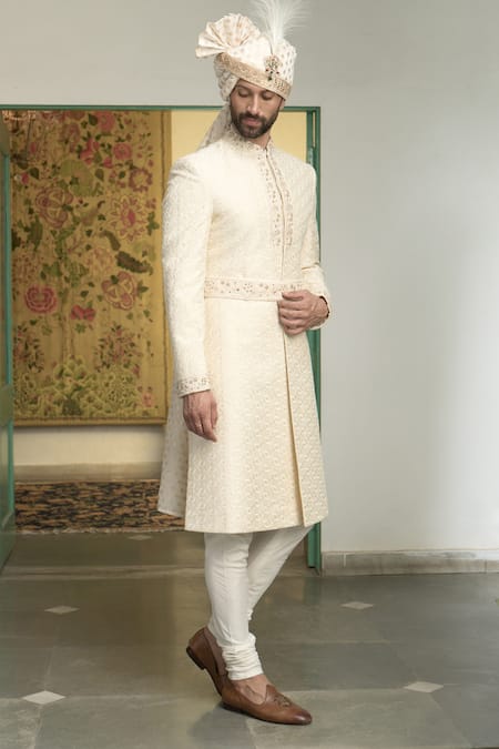 Gargee Designers Mogra Ojal Geometric Embroidered Sherwani Churidar Set 