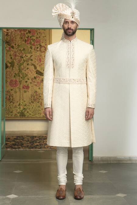 Gargee Designers Ivory Polyester Embroidery, Sequins Mogra Ojal Geometric Sherwani Churidar Set Online at Aza Fashions Gargee Designers_Ivory Polyester Embroidery, Sequins Mogra Ojal Geometric Sherwani Churidar Set _Online_at_Aza_Fashions