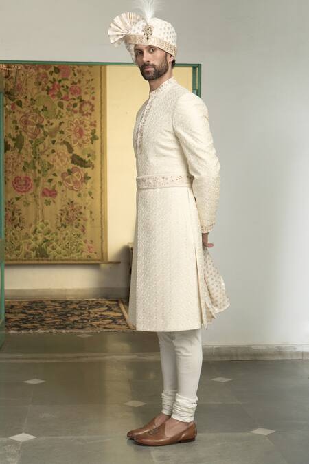 Shop Gargee Designers Ivory Polyester Embroidery, Sequins Mogra Ojal Geometric Sherwani Churidar Set Online at Aza Fashions Shop_Gargee Designers_Ivory Polyester Embroidery, Sequins Mogra Ojal Geometric Sherwani Churidar Set _Online_at_Aza_Fashions