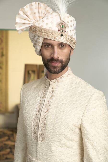 Gargee Designers Ivory Polyester Embroidery, Sequins Mogra Ojal Geometric Sherwani Churidar Set at Aza Fashions Gargee Designers_Ivory Polyester Embroidery, Sequins Mogra Ojal Geometric Sherwani Churidar Set _at_Aza_Fashions