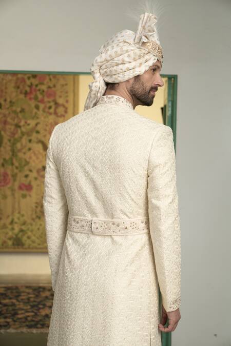 Buy Gargee Designers Ivory Polyester Embroidery, Sequins Mogra Ojal Geometric Sherwani Churidar Set Buy_Gargee Designers_Ivory Polyester Embroidery, Sequins Mogra Ojal Geometric Sherwani Churidar Set