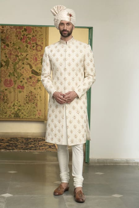 Gargee Designers Ivory Linen Beads, Embroidery Samsara Nazaar Floral Sherwani Churidar Set Online at Aza Fashions Gargee Designers_Ivory Linen Beads, Embroidery Samsara Nazaar Floral Sherwani Churidar Set _Online_at_Aza_Fashions