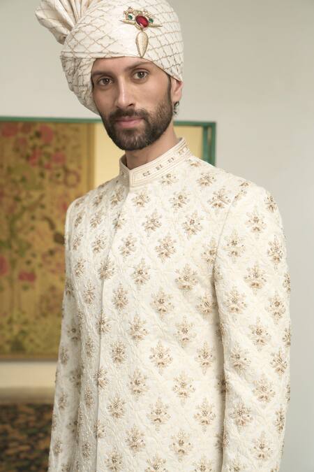 Shop Gargee Designers Ivory Linen Beads, Embroidery Samsara Nazaar Floral Sherwani Churidar Set Online at Aza Fashions Shop_Gargee Designers_Ivory Linen Beads, Embroidery Samsara Nazaar Floral Sherwani Churidar Set _Online_at_Aza_Fashions