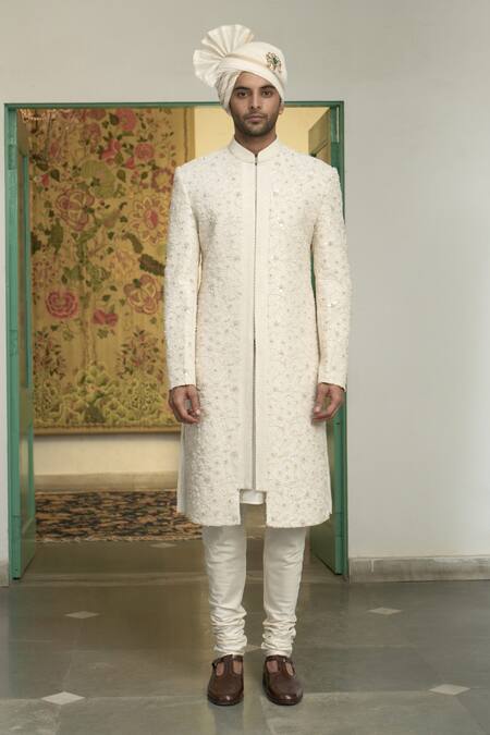 Gargee Designers White Polyester Embroidery, Sequins, Mogra Anmol Dori Sherwani Churidar Set Online at Aza Fashions Gargee Designers_White Polyester Embroidery, Sequins, Mogra Anmol Dori Sherwani Churidar Set _Online_at_Aza_Fashions