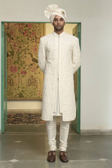 Shop Gargee Designers White Polyester Embroidery, Sequins, Mogra Anmol Dori Sherwani Churidar Set Online at Aza Fashions Shop_Gargee Designers_White Polyester Embroidery, Sequins, Mogra Anmol Dori Sherwani Churidar Set _Online_at_Aza_Fashions