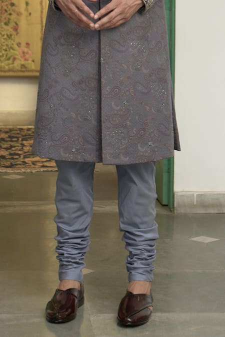Gargee Designers_Blue Polyester, Wool Sequins, Neelam Tara Paisley Woven Sherwani Churidar Set _Online_at_Aza_Fashions