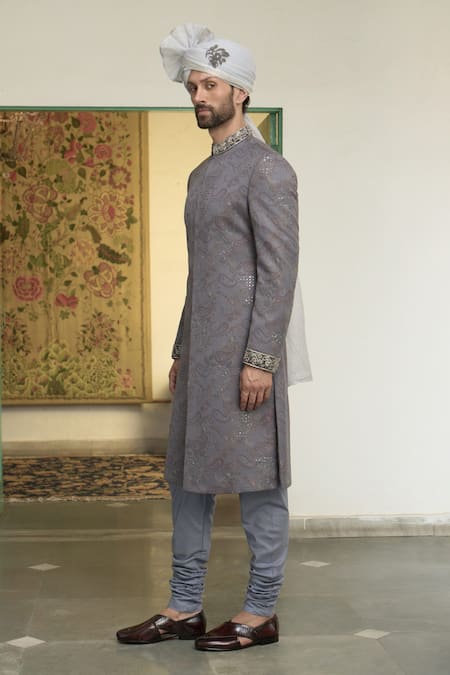 Buy_Gargee Designers_Blue Polyester, Wool Sequins, Neelam Tara Paisley Woven Sherwani Churidar Set _Online_at_Aza_Fashions