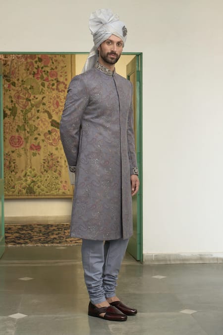 Shop_Gargee Designers_Blue Polyester, Wool Sequins, Neelam Tara Paisley Woven Sherwani Churidar Set _Online_at_Aza_Fashions