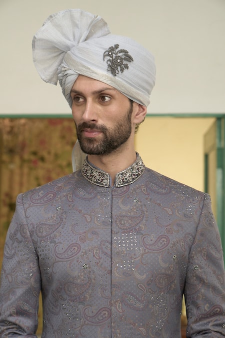 Gargee Designers_Blue Polyester, Wool Sequins, Neelam Tara Paisley Woven Sherwani Churidar Set _at_Aza_Fashions
