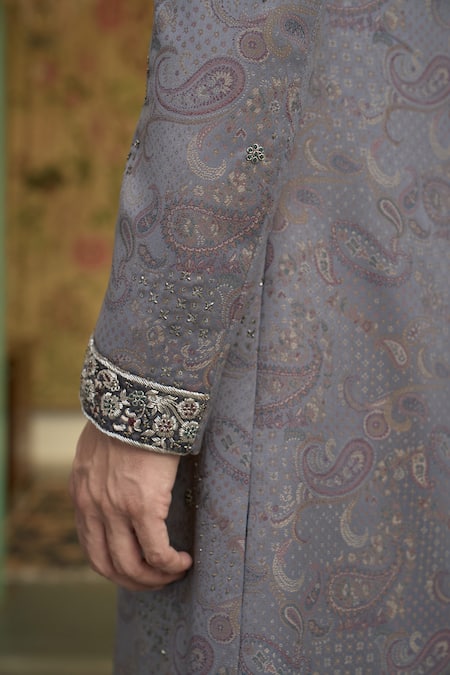 Buy_Gargee Designers_Blue Polyester, Wool Sequins, Neelam Tara Paisley Woven Sherwani Churidar Set 