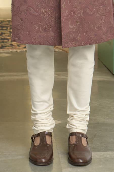 Gargee Designers_Pink Polyester, Wool Gulbaag Dilkash Woven Paisley Sherwani Churidar Set _Online_at_Aza_Fashions